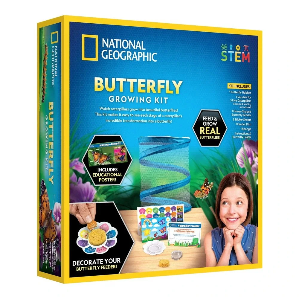 National Geographic Butterfly Growing Kit Feed & Grow‎ Real Caterpillars Habitat